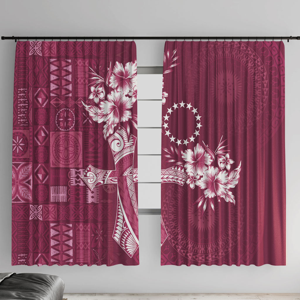 Kia Orana Cook Islands Tapa Floral With Cross Window Curtain Maroon
