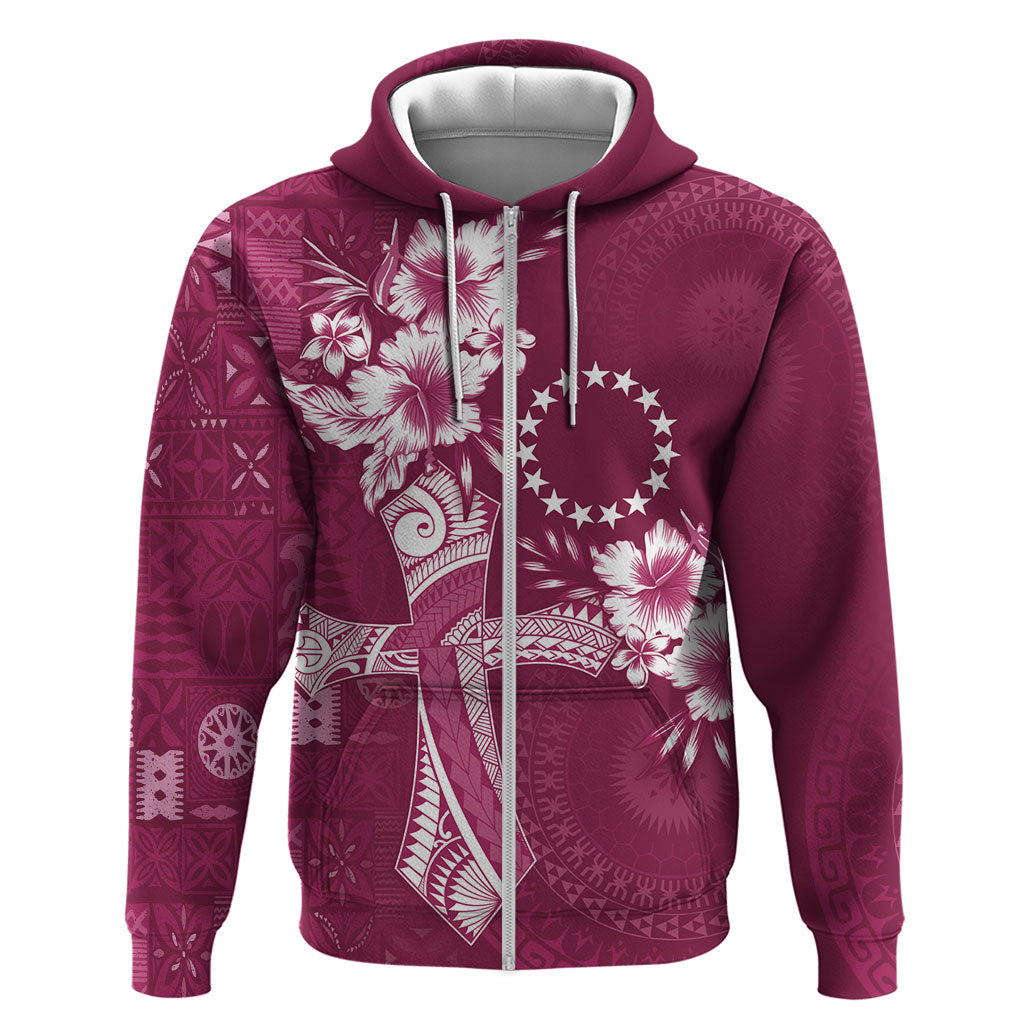 Kia Orana Cook Islands Tapa Floral With Cross Zip Hoodie Maroon LT7 Zip Hoodie Maroon - Polynesian Pride
