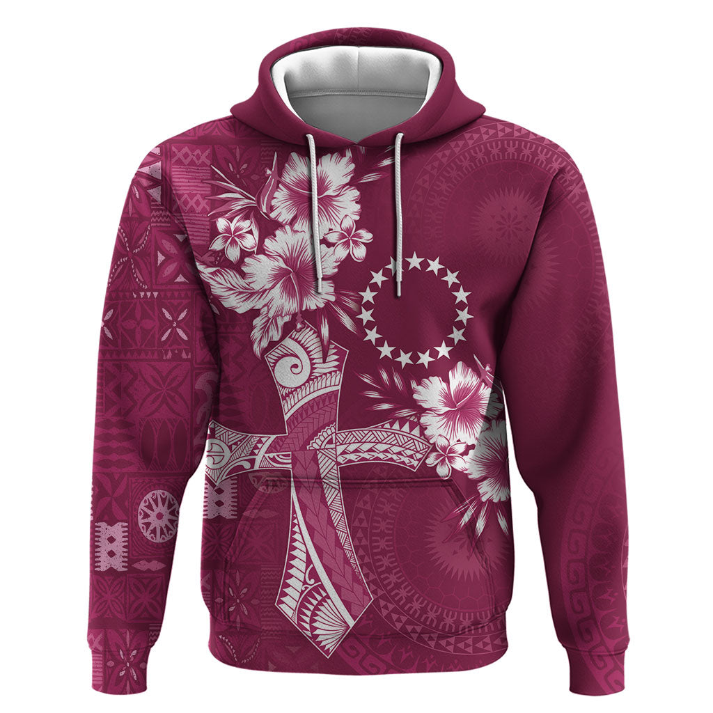 Kia Orana Cook Islands Tapa Floral With Cross Zip Hoodie Maroon LT7 Pullover Hoodie Maroon - Polynesian Pride