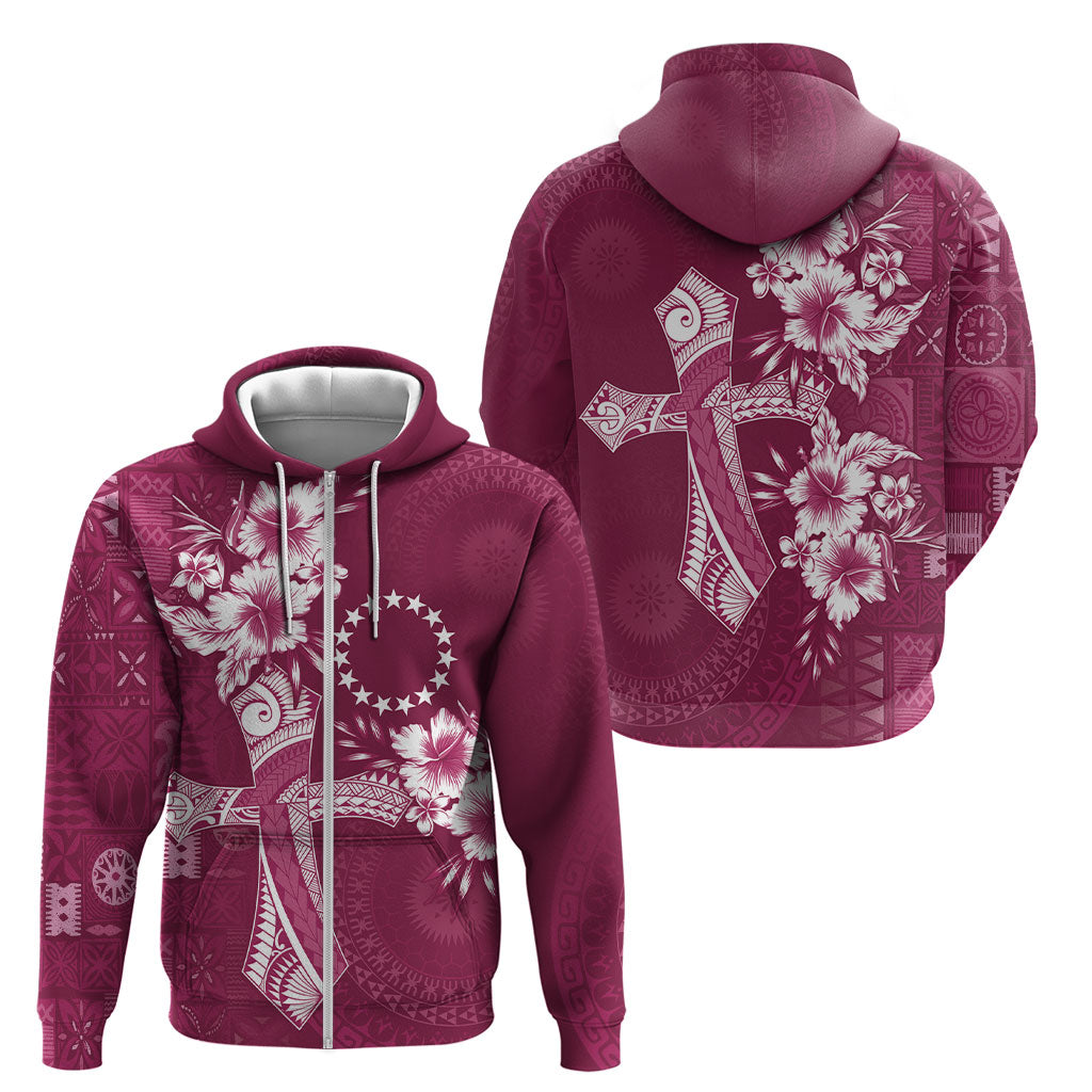 Kia Orana Cook Islands Tapa Floral With Cross Zip Hoodie Maroon LT7 - Polynesian Pride