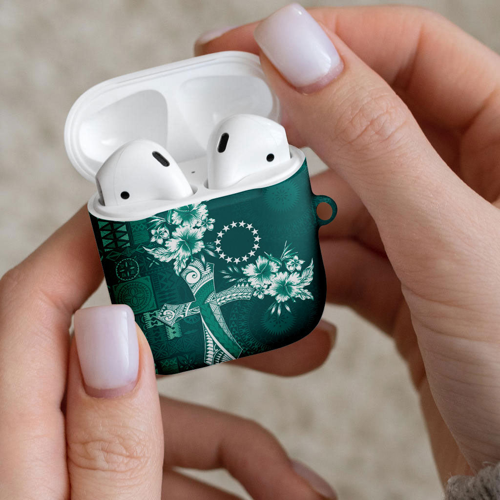 Kia Orana Cook Islands Tapa Floral With Cross AirPods Case Deep Teal