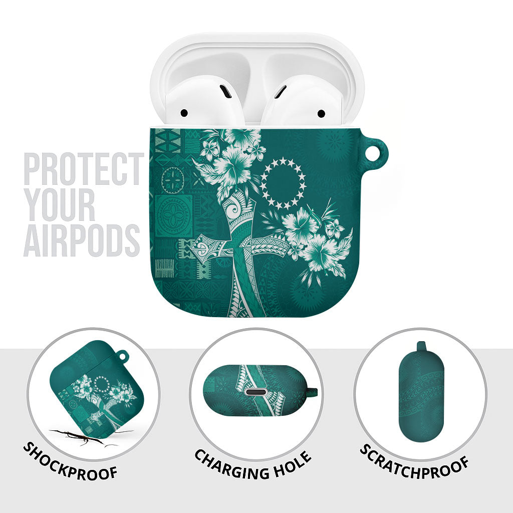 Kia Orana Cook Islands Tapa Floral With Cross AirPods Case Deep Teal