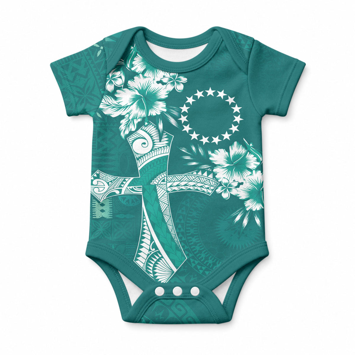 Kia Orana Cook Islands Tapa Floral With Cross Baby Onesie Deep Teal LT7 Deep Teal - Polynesian Pride