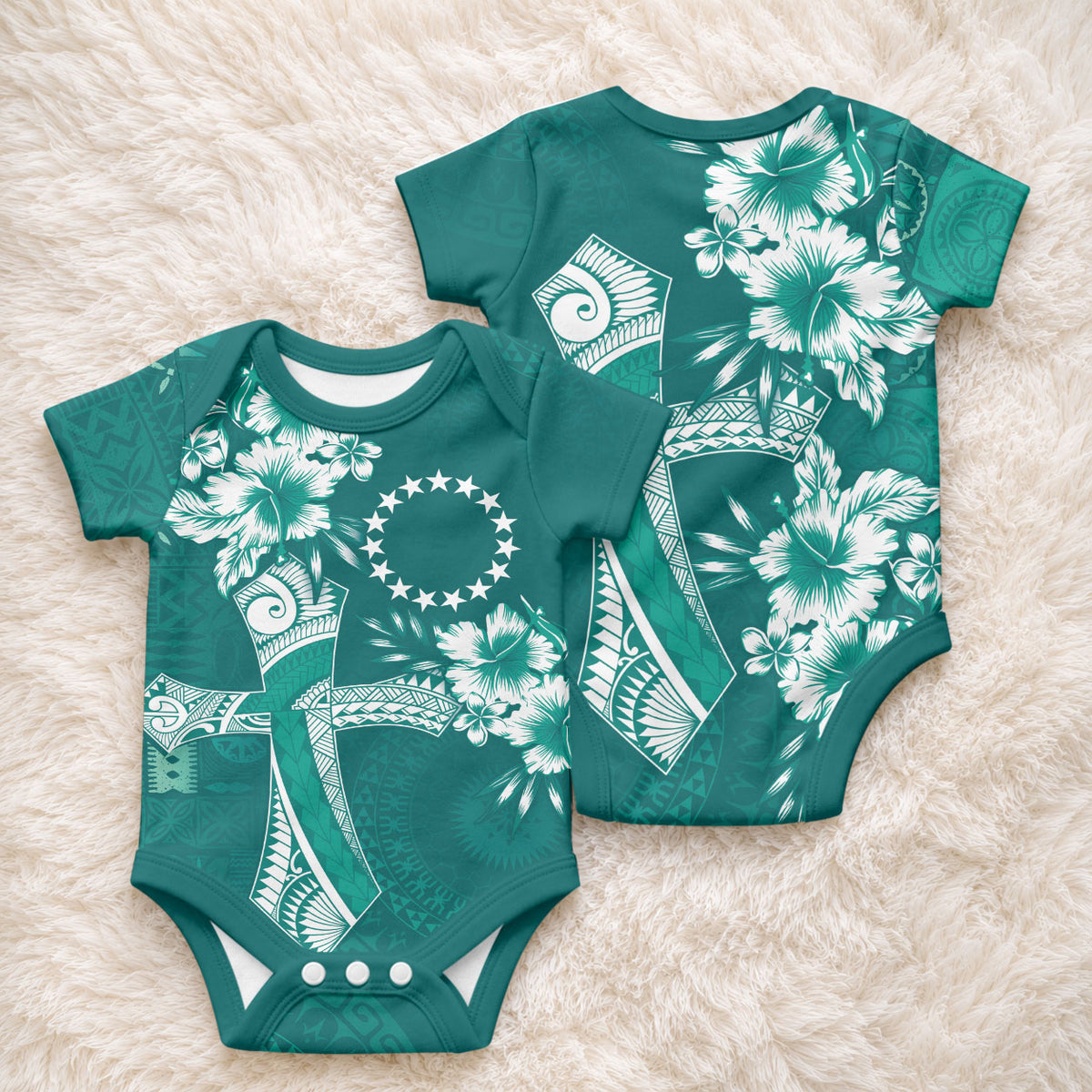 Kia Orana Cook Islands Tapa Floral With Cross Baby Onesie Deep Teal LT7 - Polynesian Pride