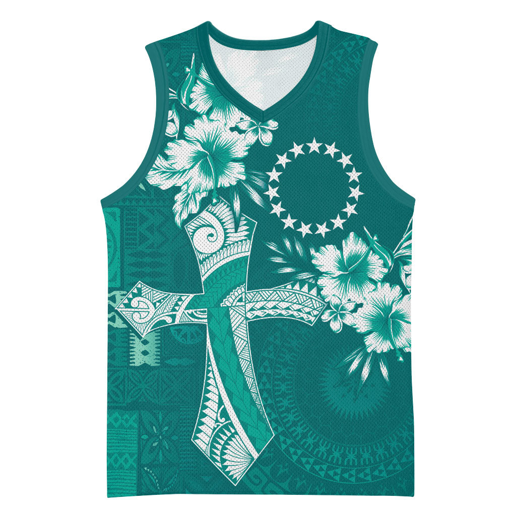 Kia Orana Cook Islands Tapa Floral With Cross Basketball Jersey Deep Teal LT7 Unisex Deep Teal - Polynesian Pride