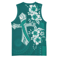 Kia Orana Cook Islands Tapa Floral With Cross Basketball Jersey Deep Teal LT7 - Polynesian Pride