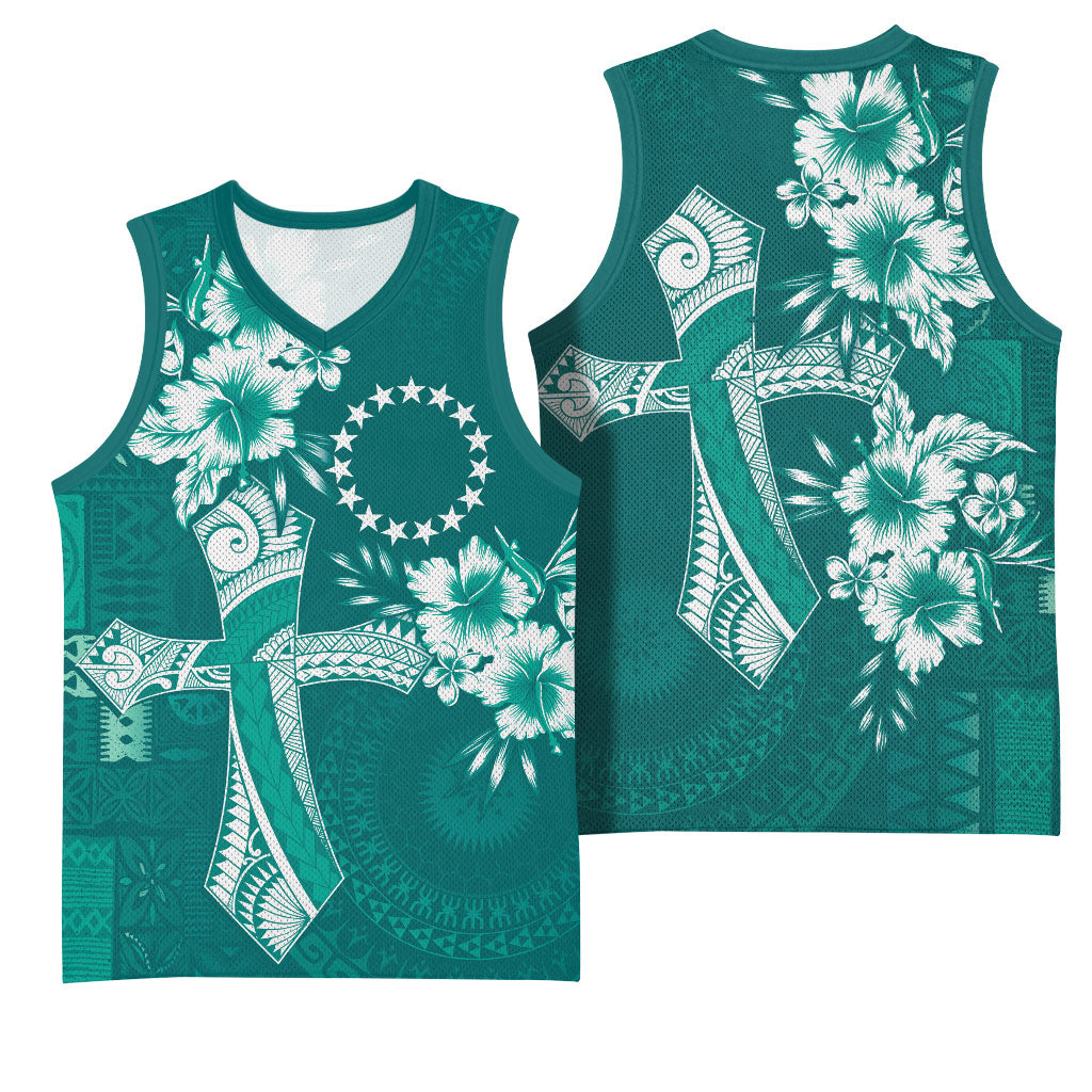 Kia Orana Cook Islands Tapa Floral With Cross Basketball Jersey Deep Teal LT7 - Polynesian Pride