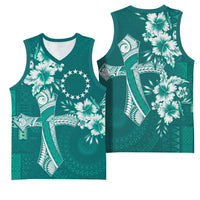 Kia Orana Cook Islands Tapa Floral With Cross Basketball Jersey Deep Teal LT7 - Polynesian Pride