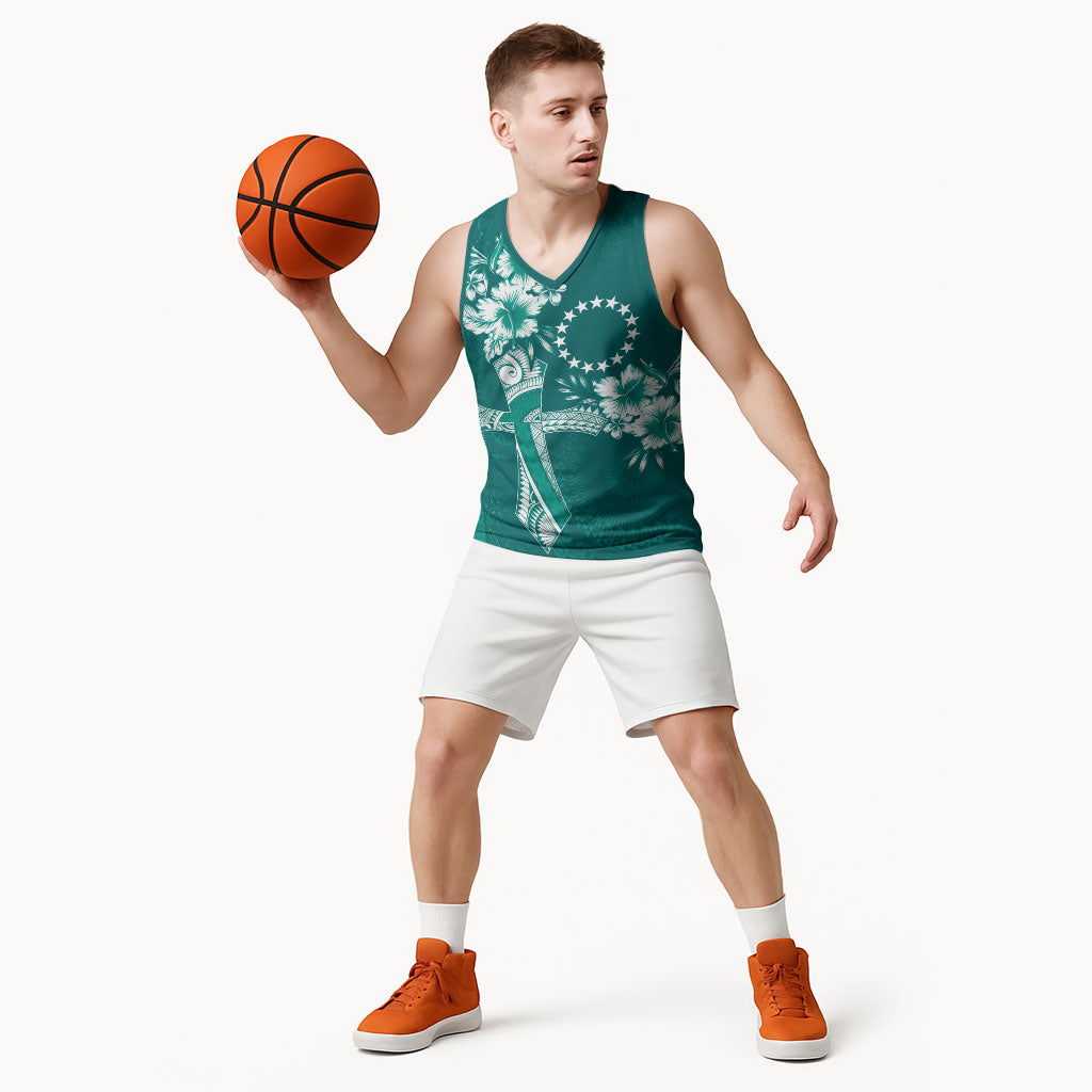 Kia Orana Cook Islands Tapa Floral With Cross Basketball Jersey Deep Teal LT7 - Polynesian Pride