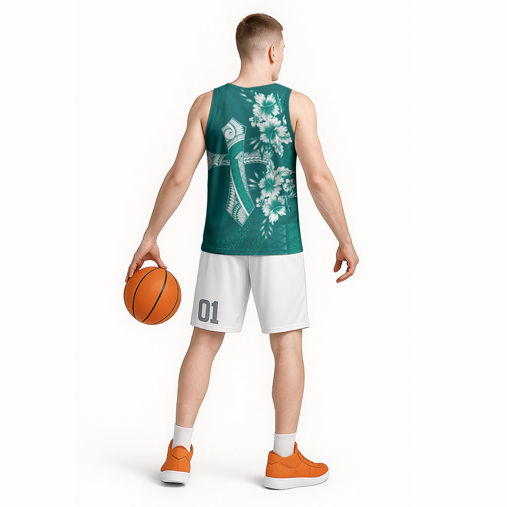 Kia Orana Cook Islands Tapa Floral With Cross Basketball Jersey Deep Teal LT7 - Polynesian Pride