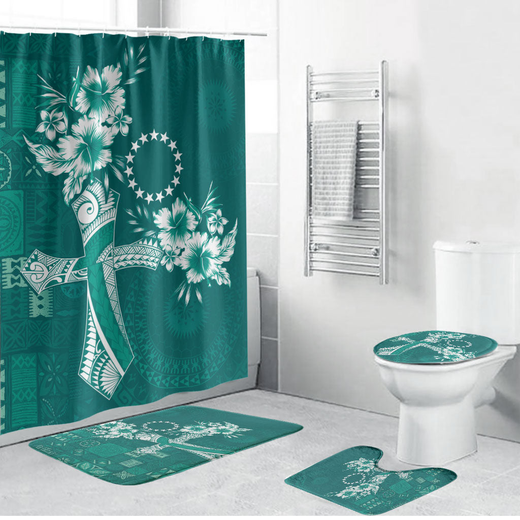 Kia Orana Cook Islands Tapa Floral With Cross Bathroom Set Deep Teal LT7 Bathroom Set (4 pcs) Deep Teal - Polynesian Pride