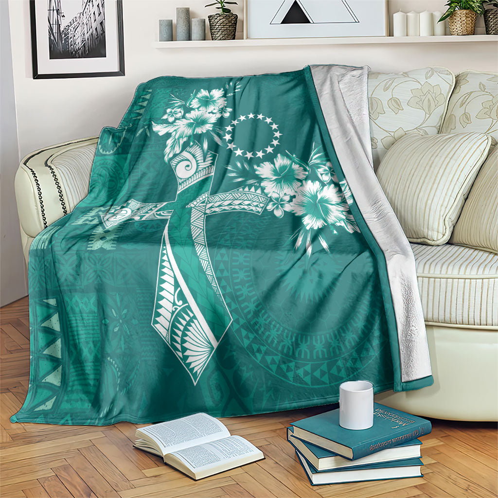 Kia Orana Cook Islands Tapa Floral With Cross Blanket Deep Teal LT7 Deep Teal - Polynesian Pride