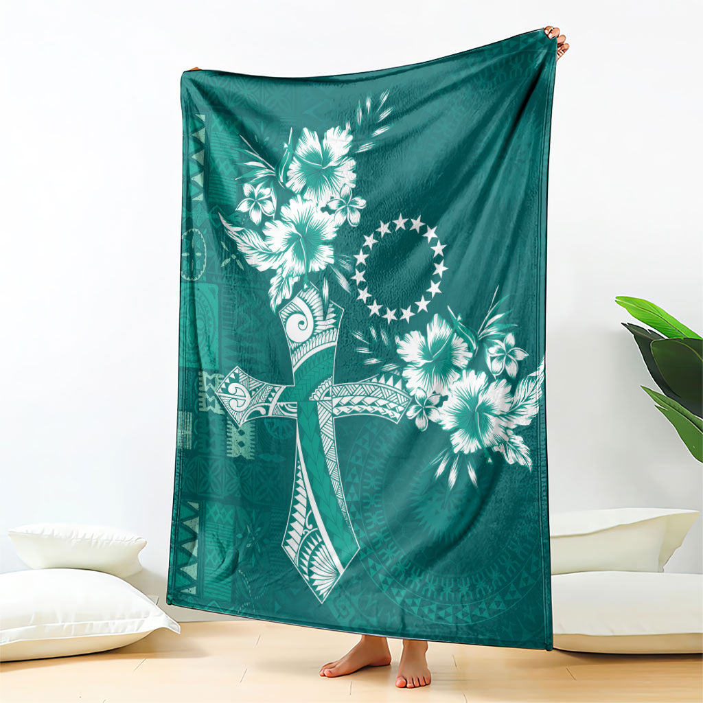 Kia Orana Cook Islands Tapa Floral With Cross Blanket Deep Teal LT7 - Polynesian Pride