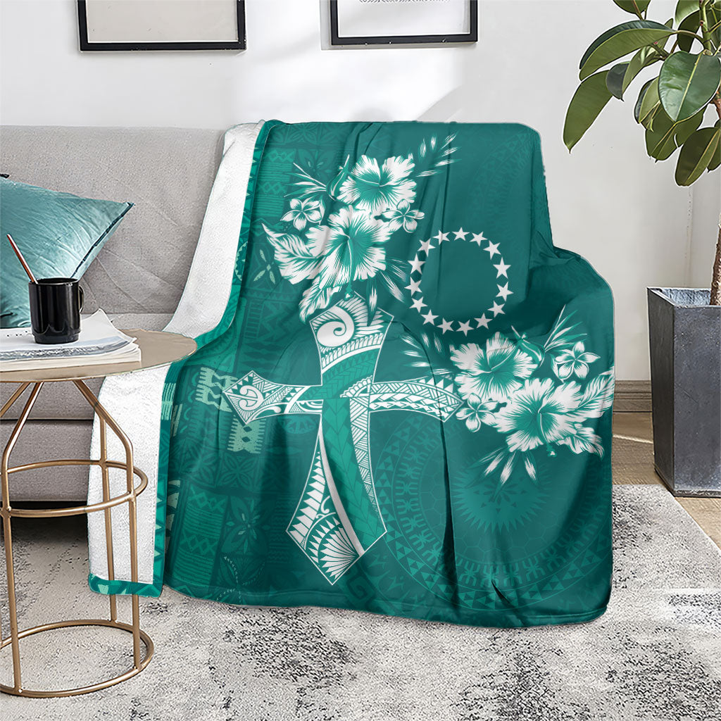 Kia Orana Cook Islands Tapa Floral With Cross Blanket Deep Teal LT7 - Polynesian Pride