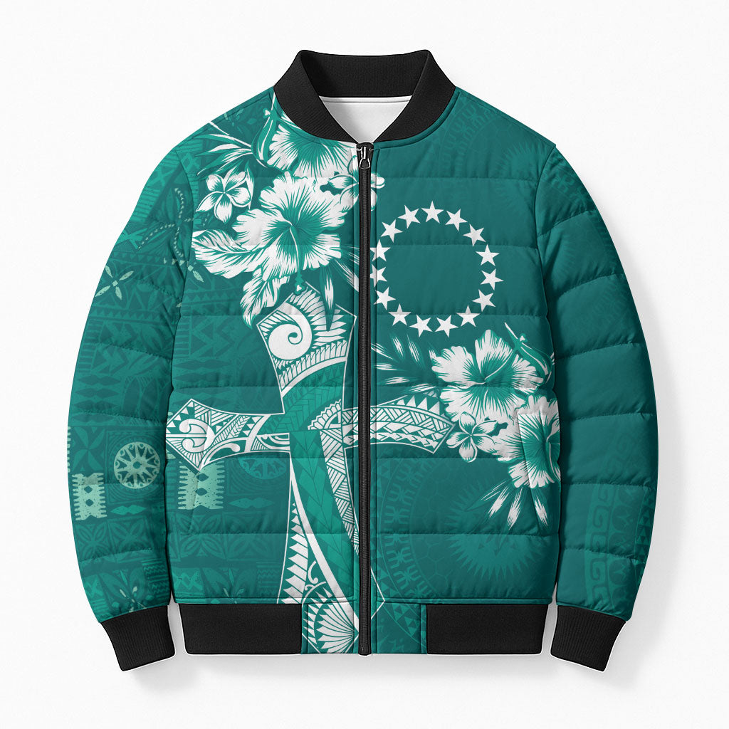 Kia Orana Cook Islands Tapa Floral With Cross Bomber Puffer Jacket Deep Teal