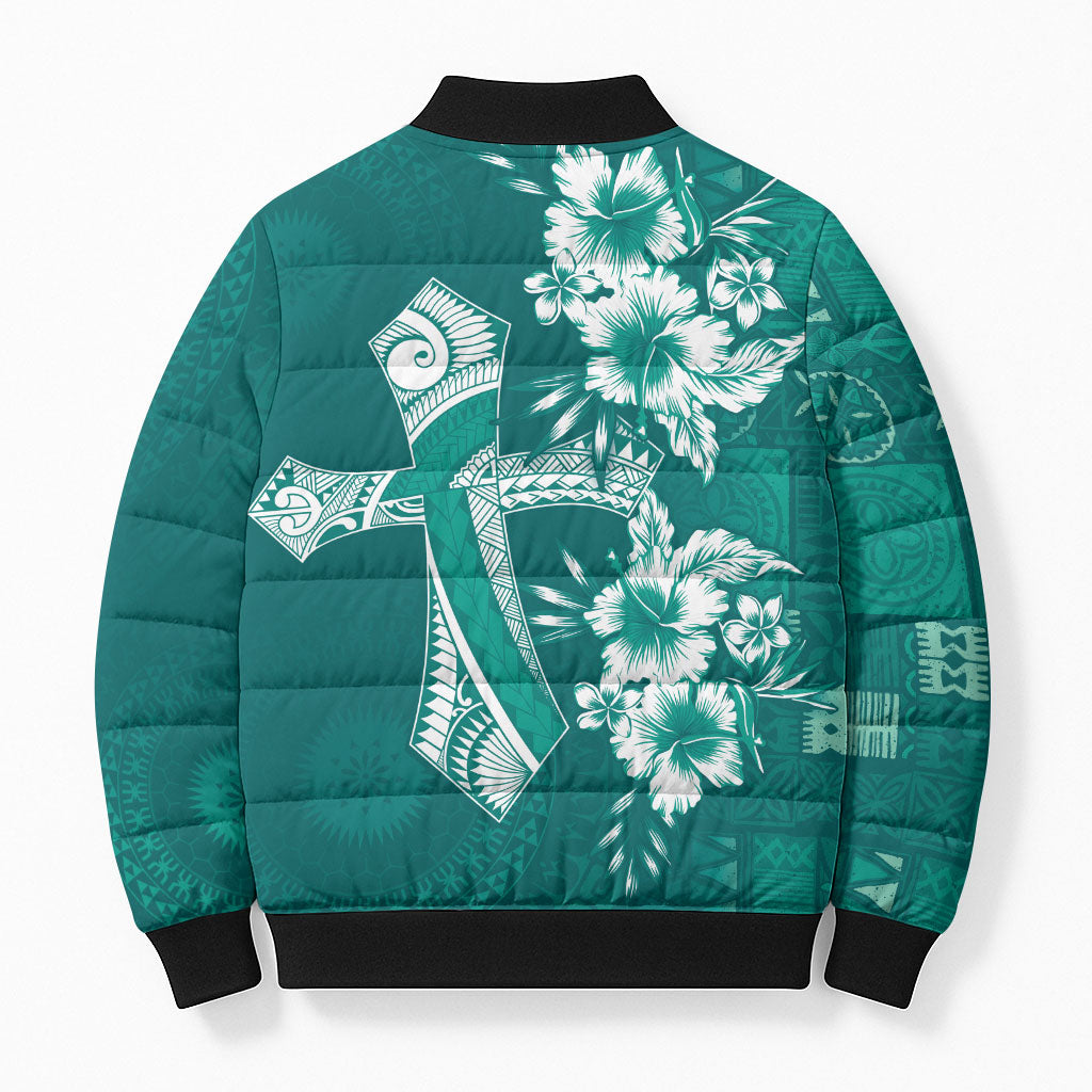 Kia Orana Cook Islands Tapa Floral With Cross Bomber Puffer Jacket Deep Teal