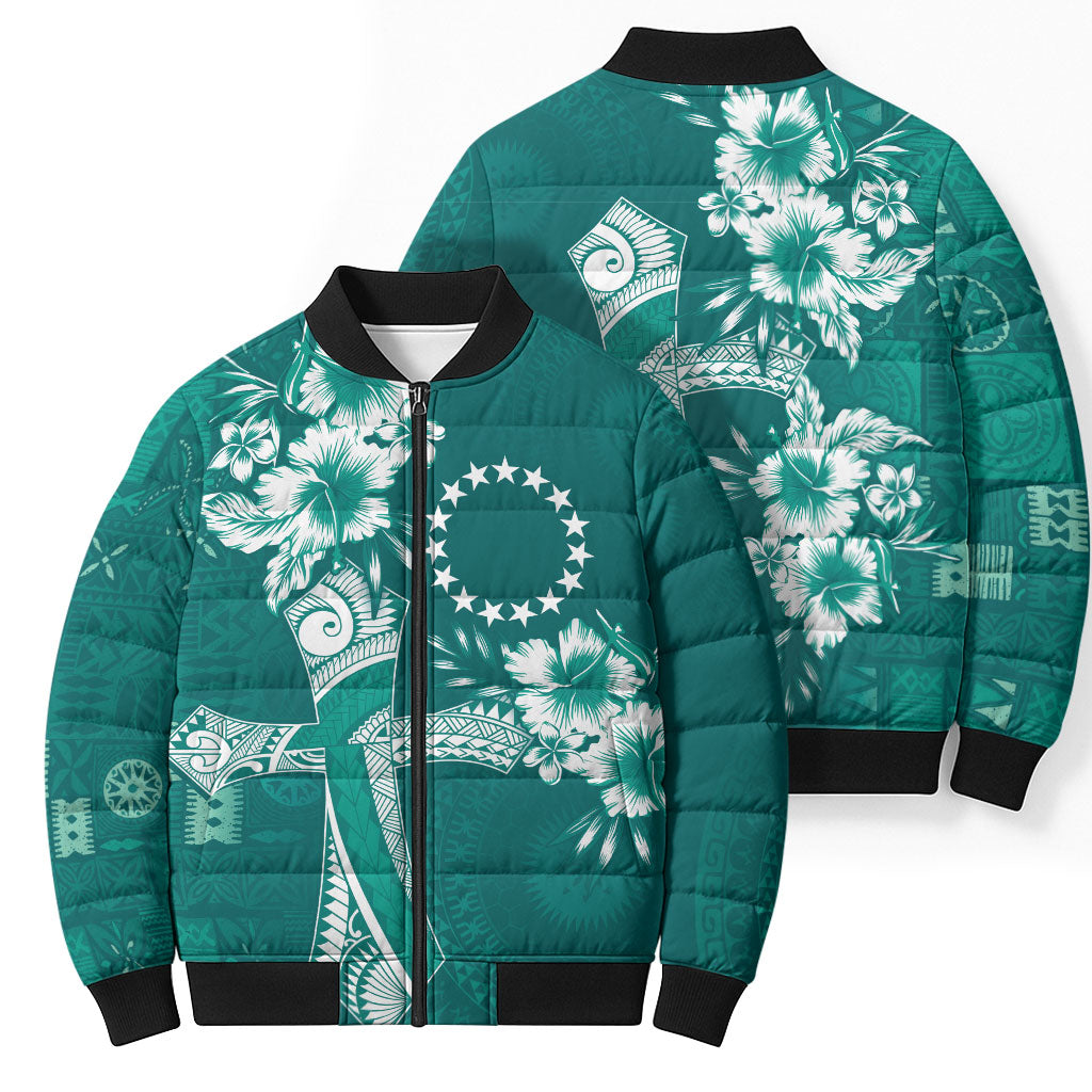 Kia Orana Cook Islands Tapa Floral With Cross Bomber Puffer Jacket Deep Teal