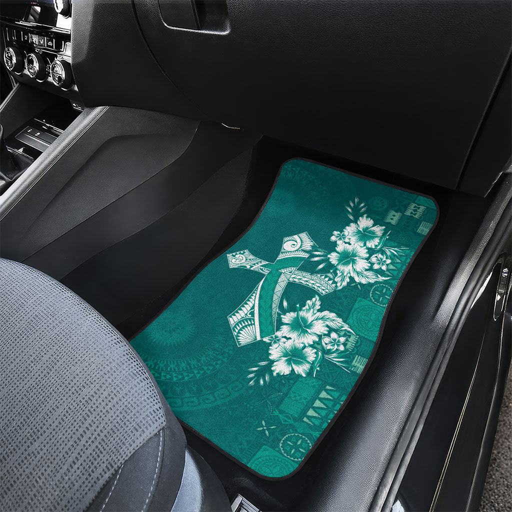 Kia Orana Cook Islands Tapa Floral With Cross Car Mats Deep Teal