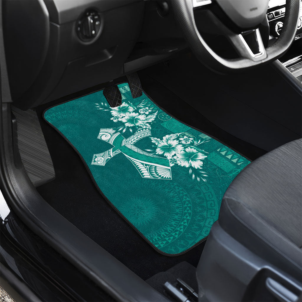 Kia Orana Cook Islands Tapa Floral With Cross Car Mats Deep Teal