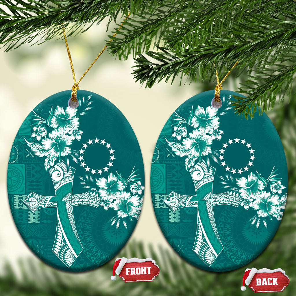 Kia Orana Cook Islands Tapa Floral With Cross Ceramic Ornament Deep Teal LT7 Oval Deep Teal - Polynesian Pride