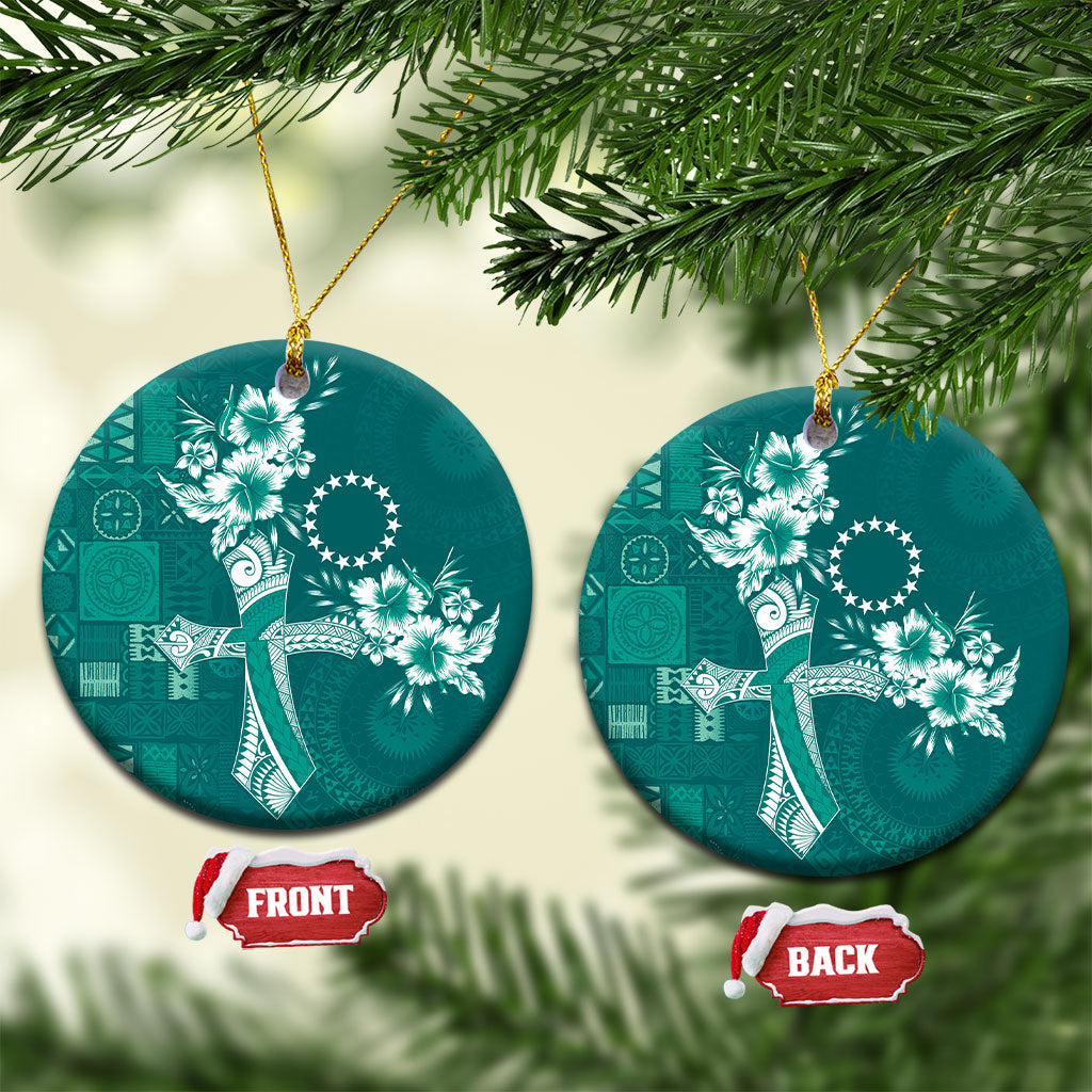 Kia Orana Cook Islands Tapa Floral With Cross Ceramic Ornament Deep Teal LT7 Circle Deep Teal - Polynesian Pride