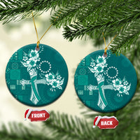 Kia Orana Cook Islands Tapa Floral With Cross Ceramic Ornament Deep Teal LT7 Circle Deep Teal - Polynesian Pride