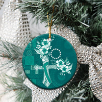 Kia Orana Cook Islands Tapa Floral With Cross Ceramic Ornament Deep Teal LT7 - Polynesian Pride