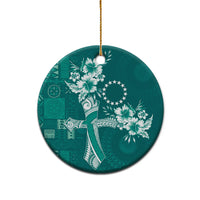 Kia Orana Cook Islands Tapa Floral With Cross Ceramic Ornament Deep Teal LT7 - Polynesian Pride