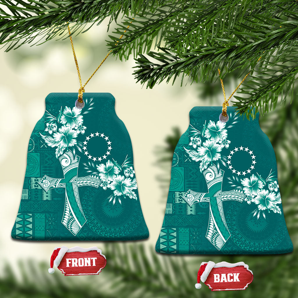 Kia Orana Cook Islands Tapa Floral With Cross Ceramic Ornament Deep Teal LT7 Bell Flake Deep Teal - Polynesian Pride