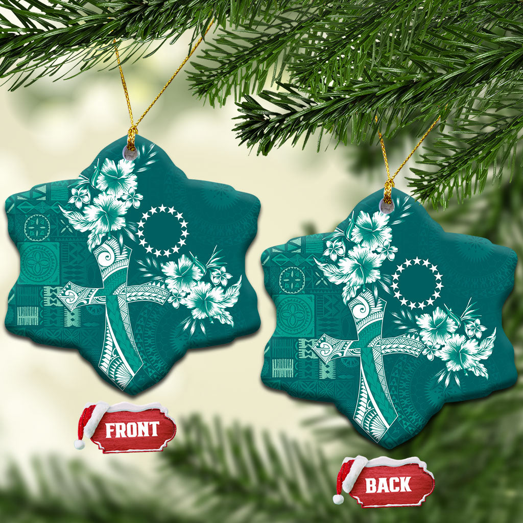 Kia Orana Cook Islands Tapa Floral With Cross Ceramic Ornament Deep Teal LT7 Snow Flake Deep Teal - Polynesian Pride