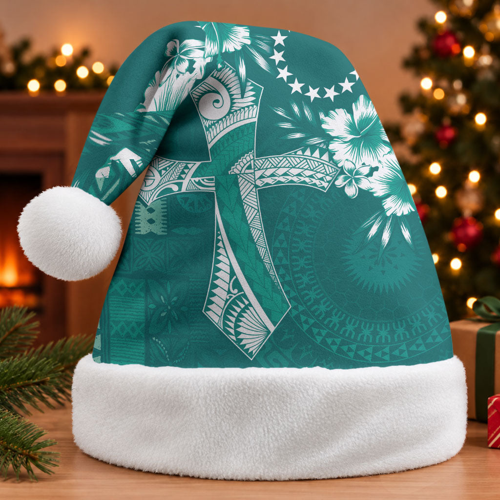Kia Orana Cook Islands Tapa Floral With Cross Christmas Santa Hat Deep Teal LT7 Without Fur Deep Teal - Polynesian Pride