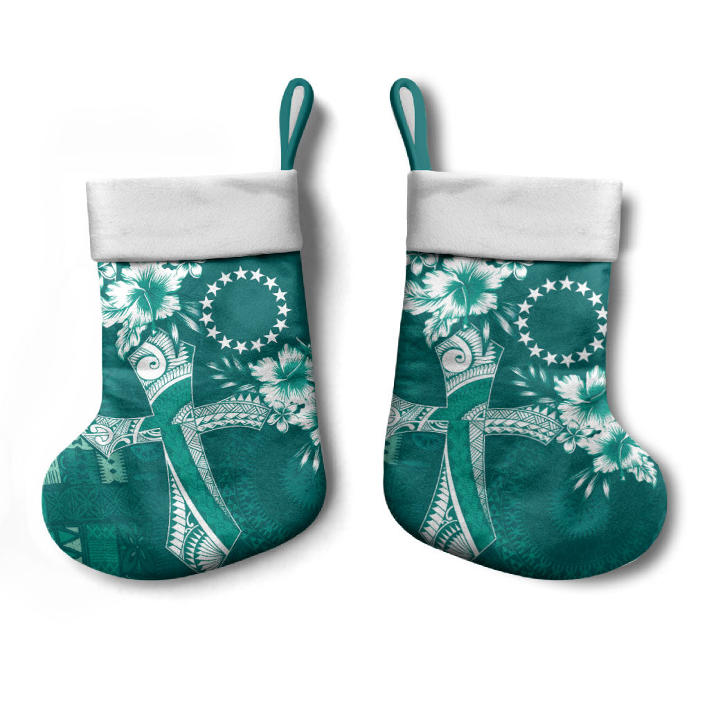 Kia Orana Cook Islands Tapa Floral With Cross Christmas Stocking Deep Teal LT7 - Polynesian Pride