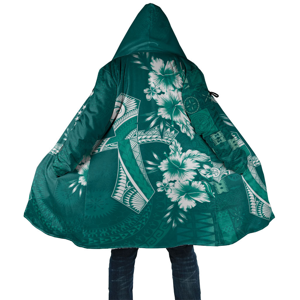 Kia Orana Cook Islands Tapa Floral With Cross Cloak Deep Teal LT7 Unisex Deep Teal - Polynesian Pride