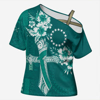 Kia Orana Cook Islands Tapa Floral With Cross Cross Shoulder Shirt Deep Teal LT7 Female Deep Teal - Polynesian Pride