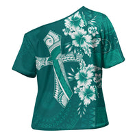 Kia Orana Cook Islands Tapa Floral With Cross Cross Shoulder Shirt Deep Teal LT7 - Polynesian Pride