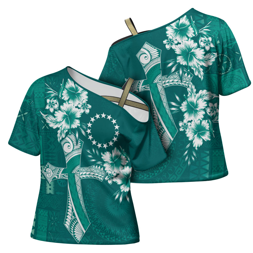 Kia Orana Cook Islands Tapa Floral With Cross Cross Shoulder Shirt Deep Teal LT7 - Polynesian Pride