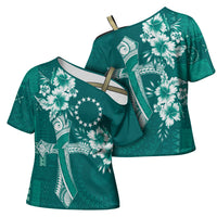 Kia Orana Cook Islands Tapa Floral With Cross Cross Shoulder Shirt Deep Teal LT7 - Polynesian Pride