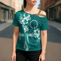 Kia Orana Cook Islands Tapa Floral With Cross Cross Shoulder Shirt Deep Teal LT7 - Polynesian Pride