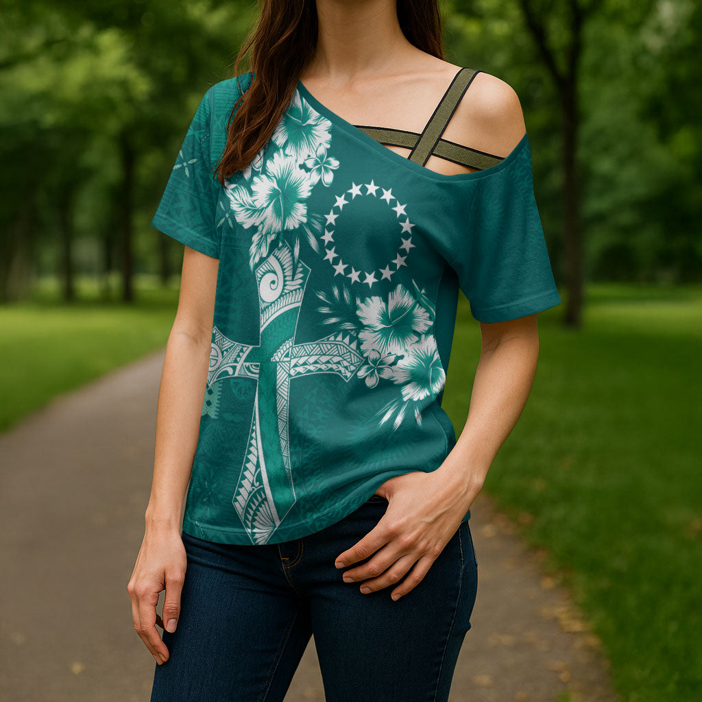 Kia Orana Cook Islands Tapa Floral With Cross Cross Shoulder Shirt Deep Teal LT7 - Polynesian Pride