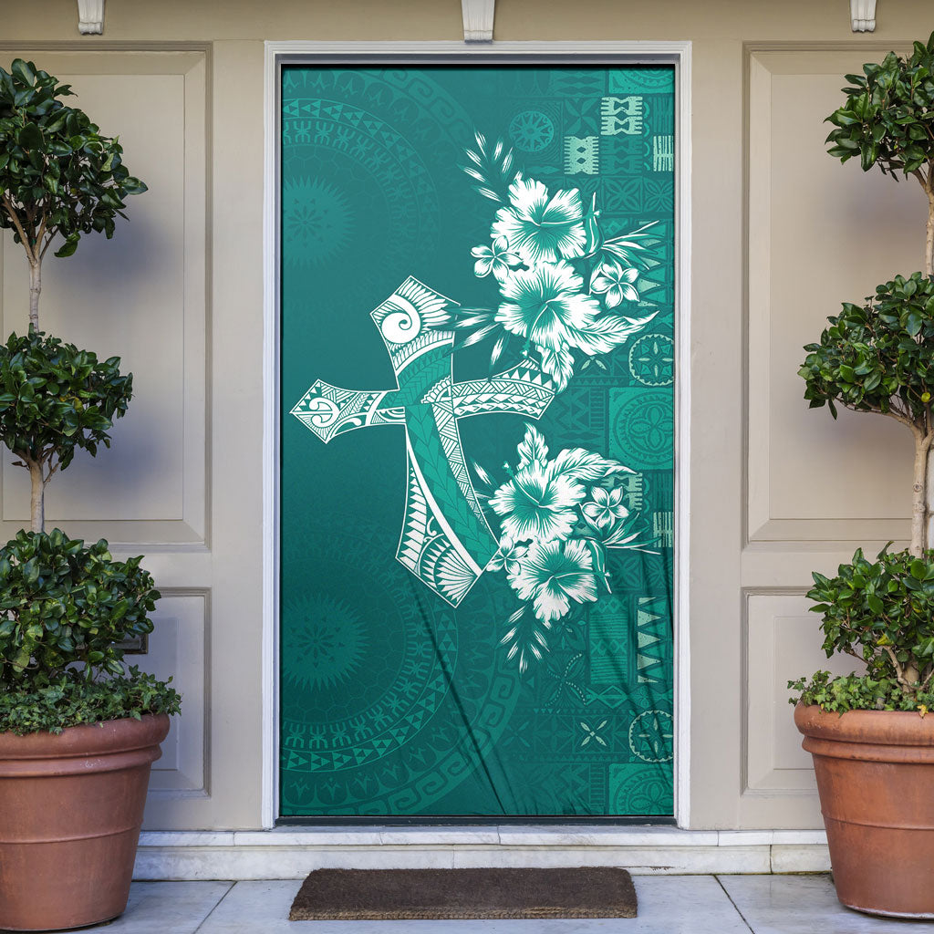 Kia Orana Cook Islands Tapa Floral With Cross Door Cover Deep Teal LT7 Deep Teal - Polynesian Pride
