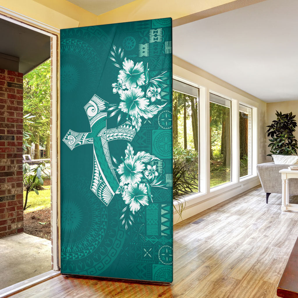 Kia Orana Cook Islands Tapa Floral With Cross Door Cover Deep Teal LT7 - Polynesian Pride