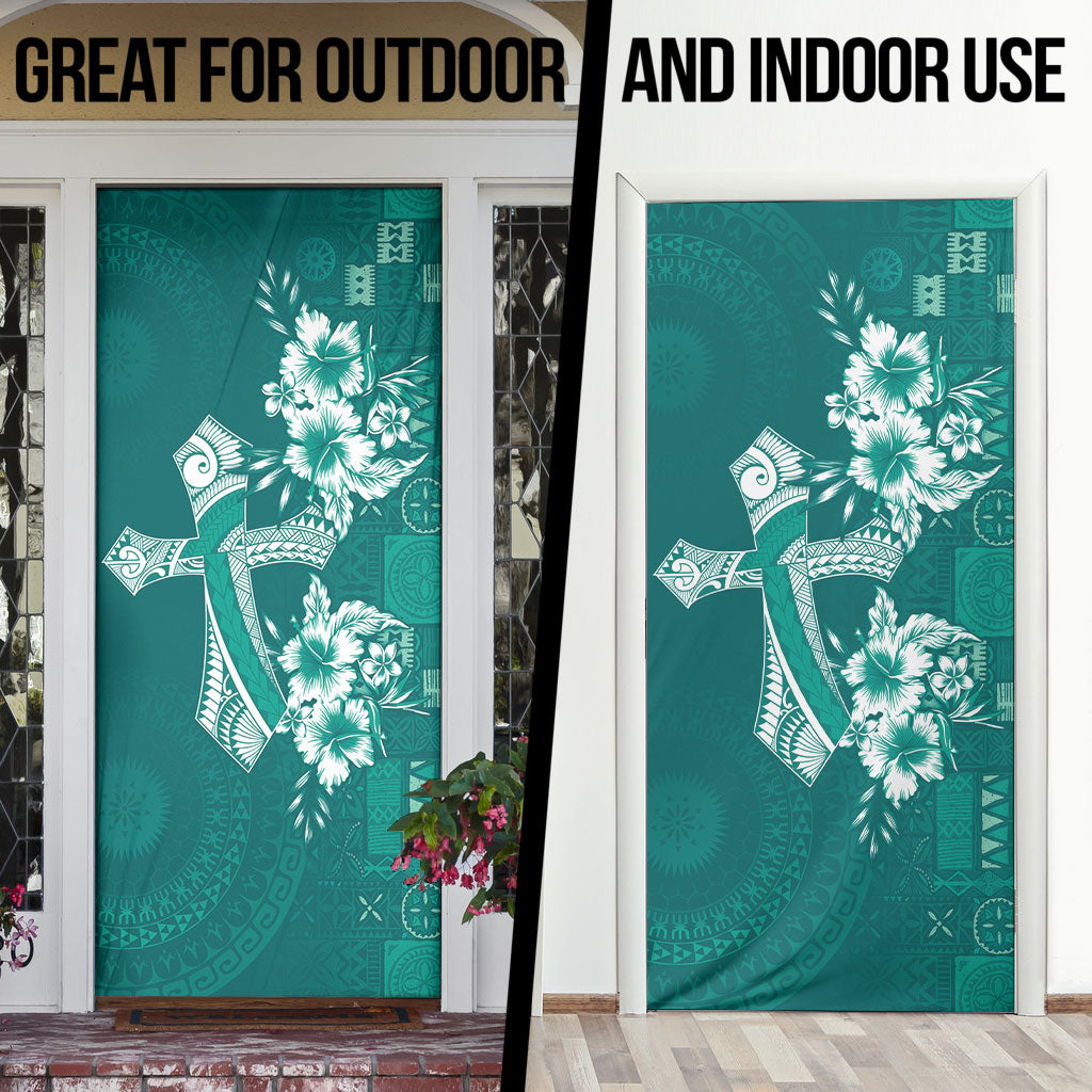 Kia Orana Cook Islands Tapa Floral With Cross Door Cover Deep Teal LT7 - Polynesian Pride