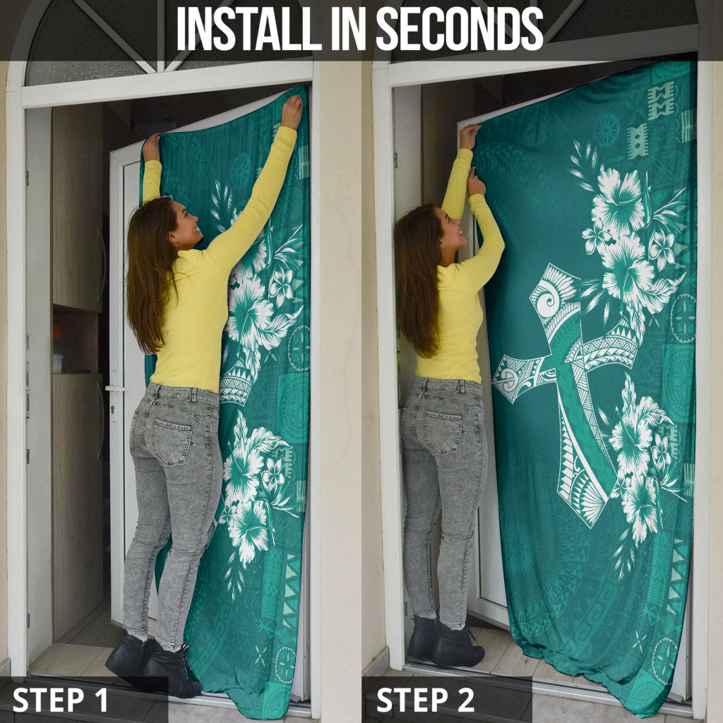 Kia Orana Cook Islands Tapa Floral With Cross Door Cover Deep Teal LT7 - Polynesian Pride