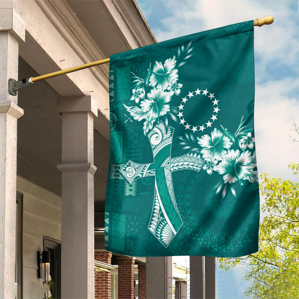 Kia Orana Cook Islands Tapa Floral With Cross Garden Flag Deep Teal