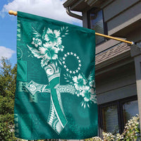 Kia Orana Cook Islands Tapa Floral With Cross Garden Flag Deep Teal