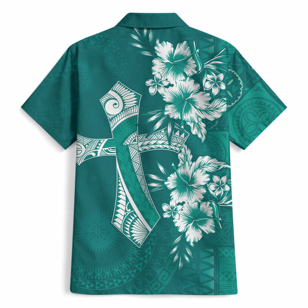 Kia Orana Cook Islands Tapa Floral With Cross Hawaiian Shirt Deep Teal LT7 - Polynesian Pride