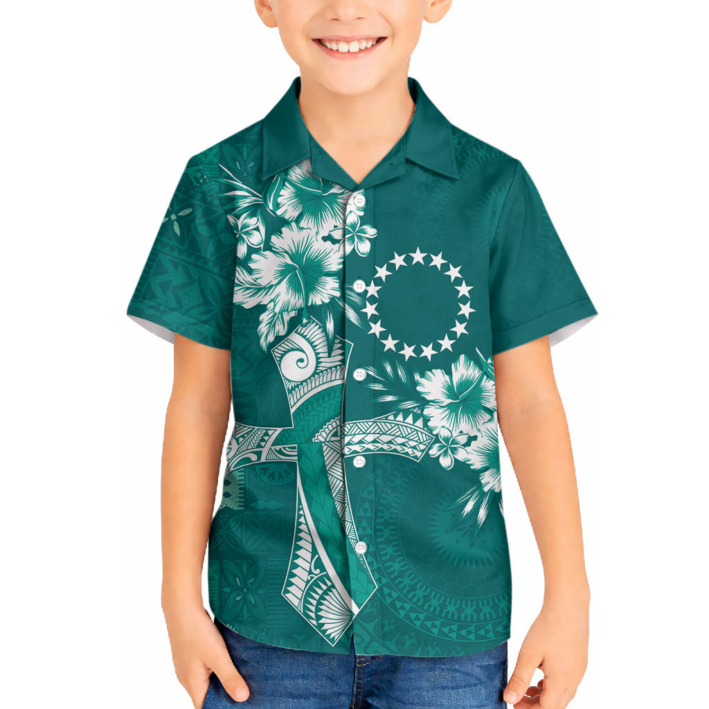 Kia Orana Cook Islands Tapa Floral With Cross Hawaiian Shirt Deep Teal LT7 - Polynesian Pride
