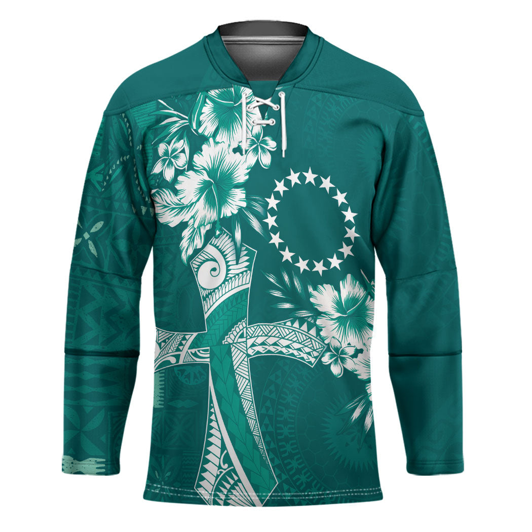 Kia Orana Cook Islands Tapa Floral With Cross Hockey Jersey Deep Teal LT7 Unisex Deep Teal - Polynesian Pride