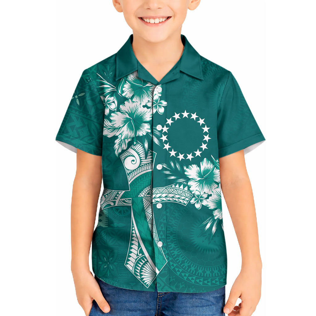 Kia Orana Cook Islands Tapa Floral With Cross Kid Hawaiian Shirt Deep Teal LT7 Kid Deep Teal - Polynesian Pride
