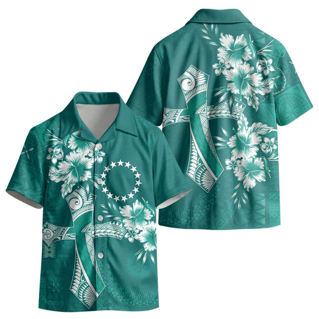 Kia Orana Cook Islands Tapa Floral With Cross Kid Hawaiian Shirt Deep Teal LT7 - Polynesian Pride